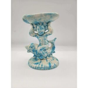 Vintage Blue White Ceramic Cherub Riding Dolphin Shell Soap Dish Trinket Bowl